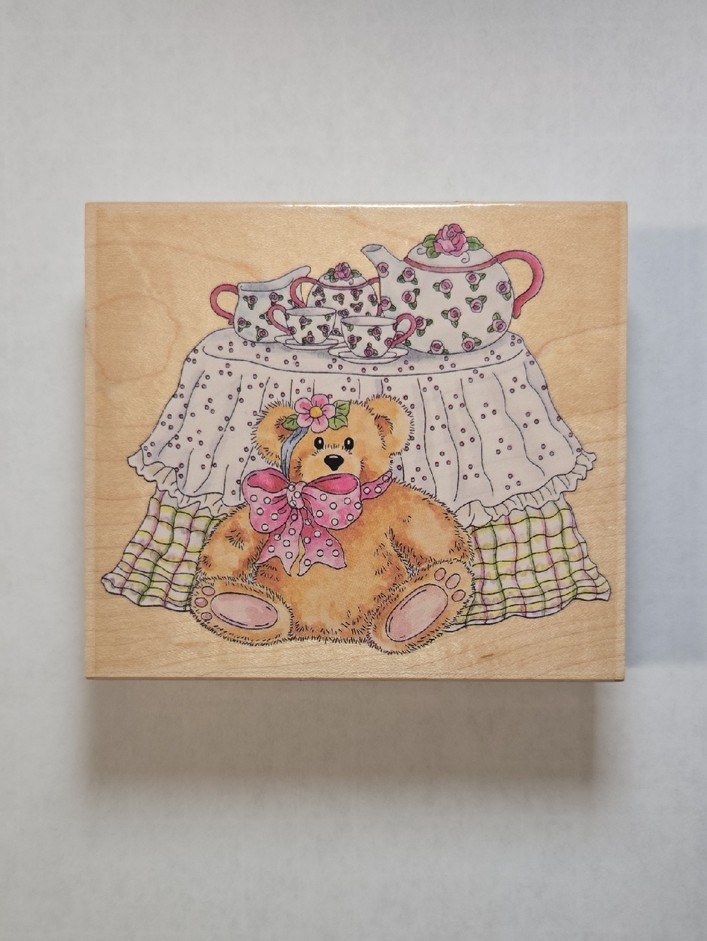 Teddy & Tea Design Wood Mounted Rubber Craft Stamp